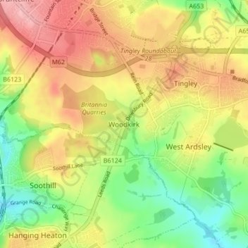 Mapa topográfico Woodkirk, altitud, relieve