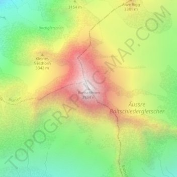 Mapa topográfico Bietschhorn, altitud, relieve