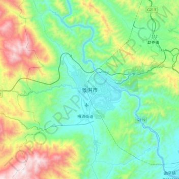 Mapa topográfico Jinghong, altitud, relieve