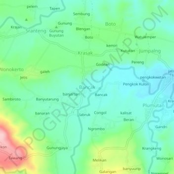 Mapa topográfico Bancak, altitud, relieve