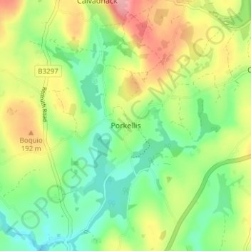 Mapa topográfico Porkellis, altitud, relieve
