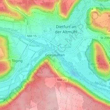 Mapa topográfico Griesstetten, altitud, relieve