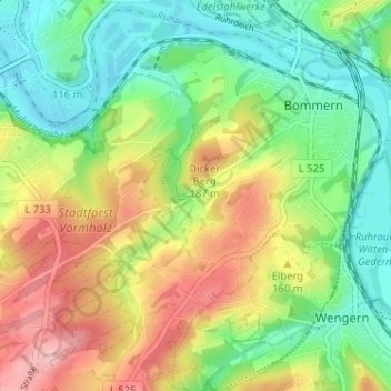 Mapa topográfico Rauendahl, altitud, relieve