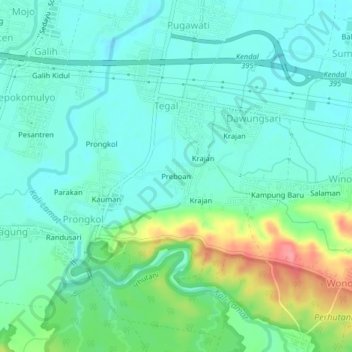 Mapa topográfico Preboan, altitud, relieve