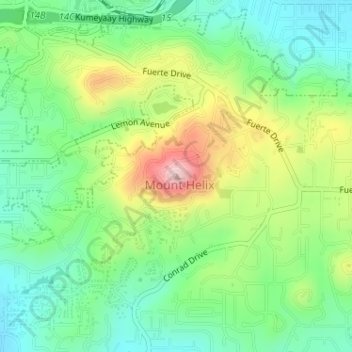 Mapa topográfico Mount Helix, altitud, relieve