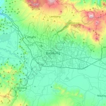 Mapa topográfico Bandung, altitud, relieve