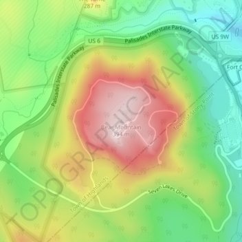 Mapa topográfico Bear Mountain, altitud, relieve