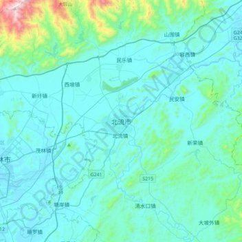 Mapa topográfico 北流市, altitud, relieve