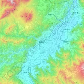 Mapa topográfico Nagano, altitud, relieve