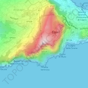 Mapa topográfico Monte Solaro, altitud, relieve
