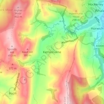 Mapa topográfico Kettleshulme, altitud, relieve