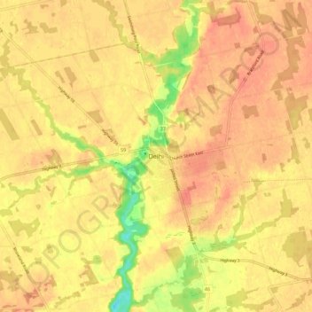 Mapa topográfico Delhi, altitud, relieve