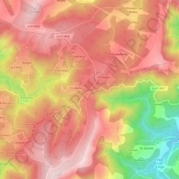 Mapa topográfico O Foxo, altitud, relieve