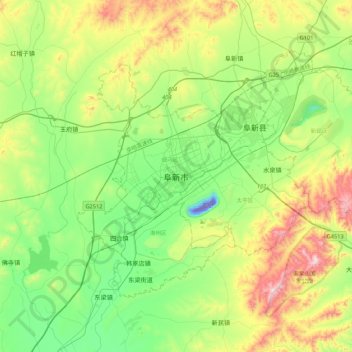 Mapa topográfico Fuxin, altitud, relieve