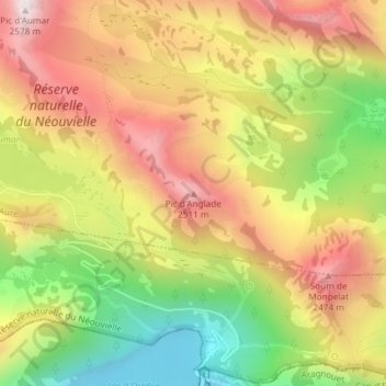 Mapa topográfico Pic d'Anglade, altitud, relieve