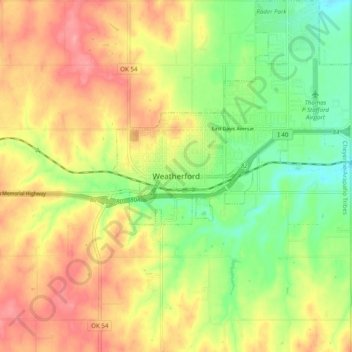 Mapa topográfico Weatherford, altitud, relieve