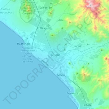Mapa topográfico Trujillo, altitud, relieve