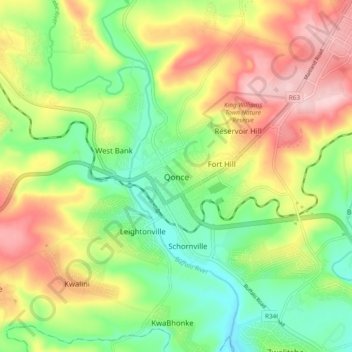 Mapa topográfico Qonce, altitud, relieve