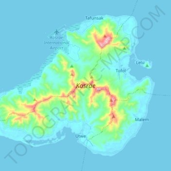Mapa topográfico Kosrae, altitud, relieve