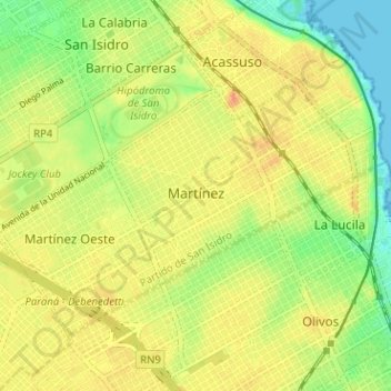 Mapa topográfico Martínez, altitud, relieve