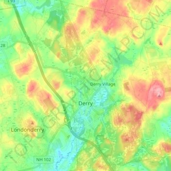 Mapa topográfico Derry, altitud, relieve