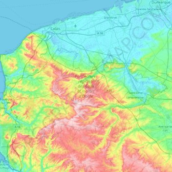 Mapa topográfico Parc naturel régional des Caps et marais d'Opale, altitud, relieve