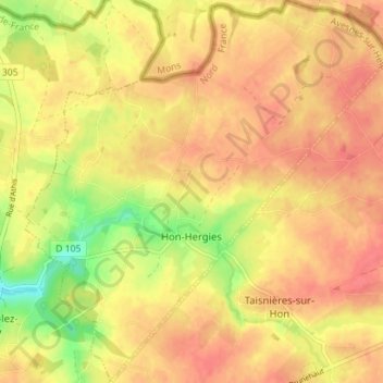 Mapa topográfico Hon-Hergies, altitud, relieve