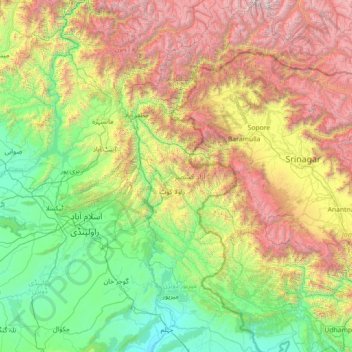 Mapa topográfico Azad Cachemira, altitud, relieve
