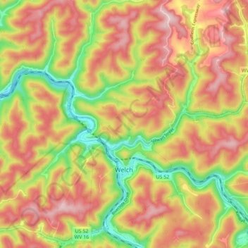 Mapa topográfico Welch, altitud, relieve