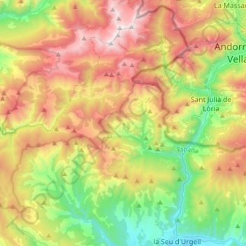 Mapa topográfico les Valls de Valira, altitud, relieve