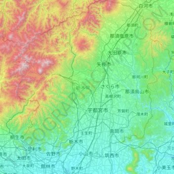 Mapa topográfico Tochigi Prefecture, altitud, relieve