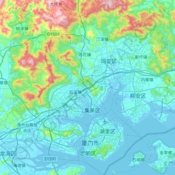 Mapa topográfico Xiamen City, altitud, relieve
