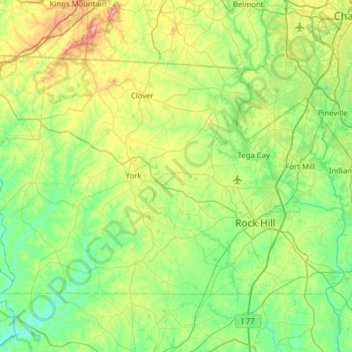Mapa topográfico York County, altitud, relieve