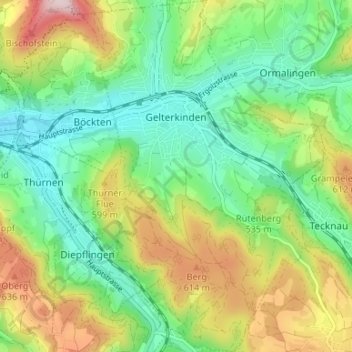 Mapa topográfico Gelterkinden, altitud, relieve