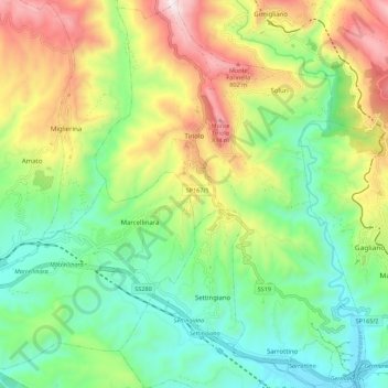 Mapa topográfico Tiriolo, altitud, relieve