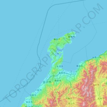 Mapa topográfico Prefectura de Ishikawa, altitud, relieve