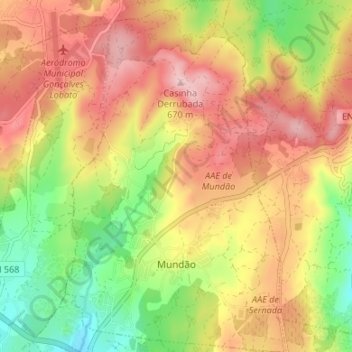 Mapa topográfico Mundão, altitud, relieve
