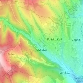 Mapa topográfico Myslava, altitud, relieve