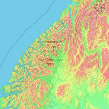 Mapa topográfico Fiordland Community, altitud, relieve