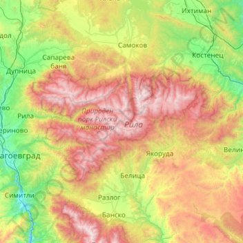 Mapa topográfico Rila, altitud, relieve