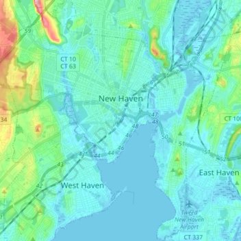 Mapa topográfico New Haven, altitud, relieve