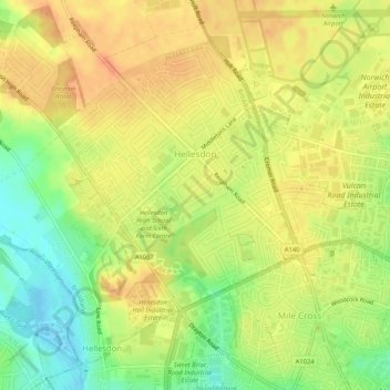 Mapa topográfico Hellesdon, altitud, relieve