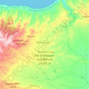 Mapa topográfico Dar El Kebdani, altitud, relieve