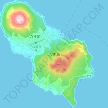 Mapa topográfico Hachijojima, altitud, relieve
