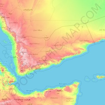 Mapa topográfico Yemen, altitud, relieve