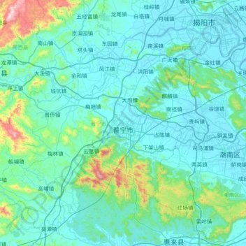 Mapa topográfico 普宁市, altitud, relieve
