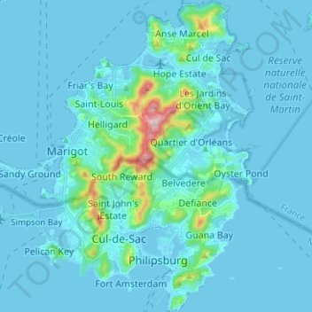 Mapa topográfico Île de Saint-Martin - Sint Maarten eiland, altitud, relieve