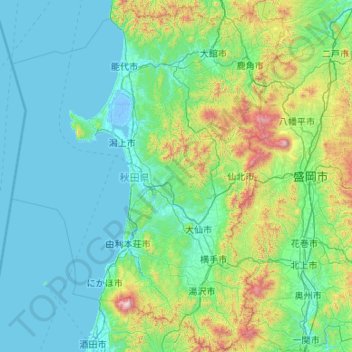 Mapa topográfico Prefectura de Akita, altitud, relieve