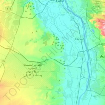 Mapa topográfico Menfis y su necrópolis – Zonas de las pirámides desde Guizeh hasta Dahshur, altitud, relieve