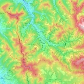 Mapa topográfico Wisła, altitud, relieve
